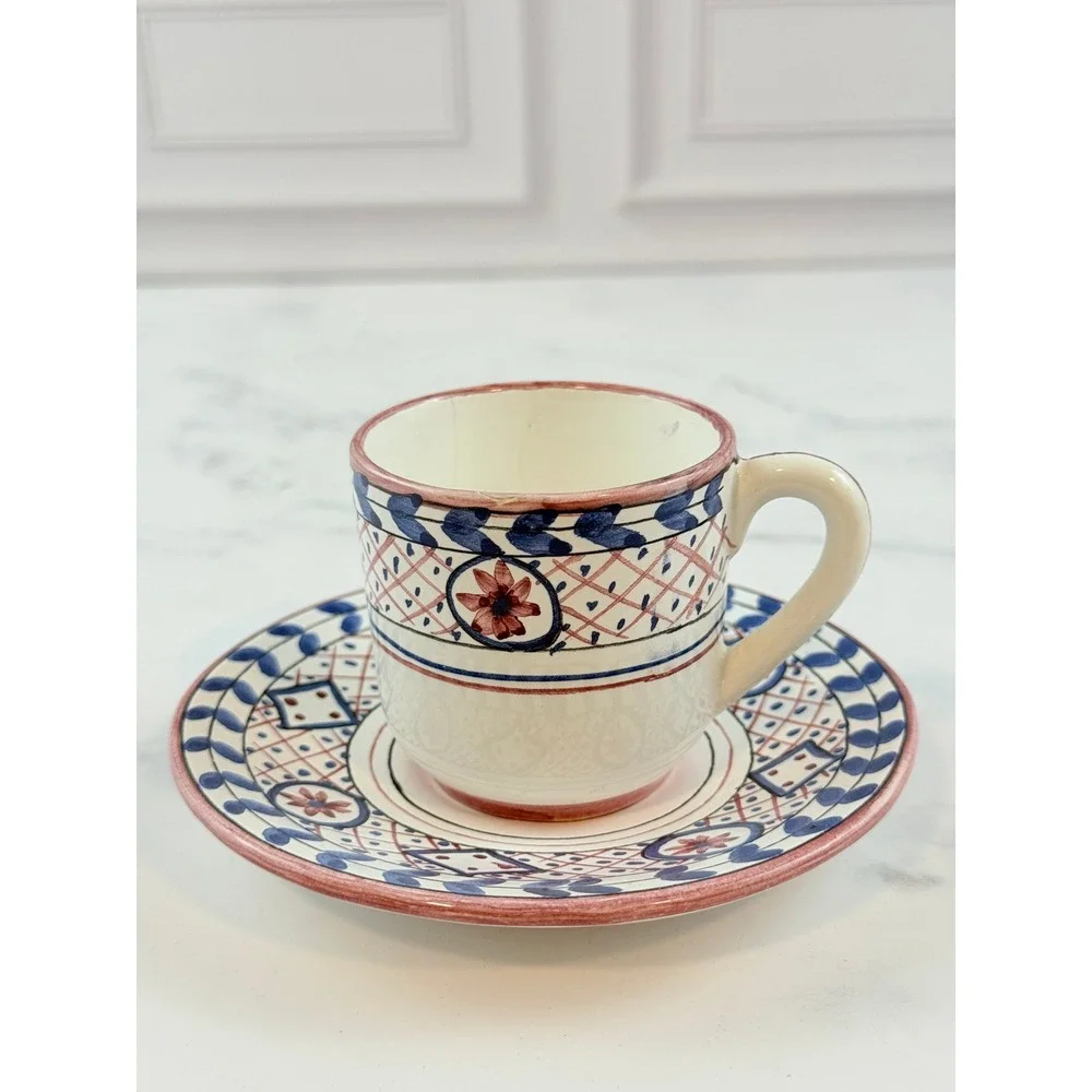 VTG 1983 Casafina Portugal Hand Painted Demitasse Cup and Saucer Blue Pink